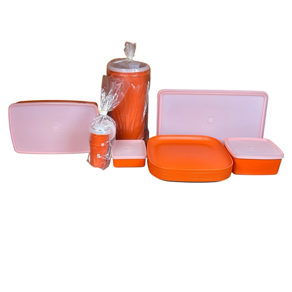 Tupperware Orange Set Plates Beverage Contain Shakers Containers USA Vintage